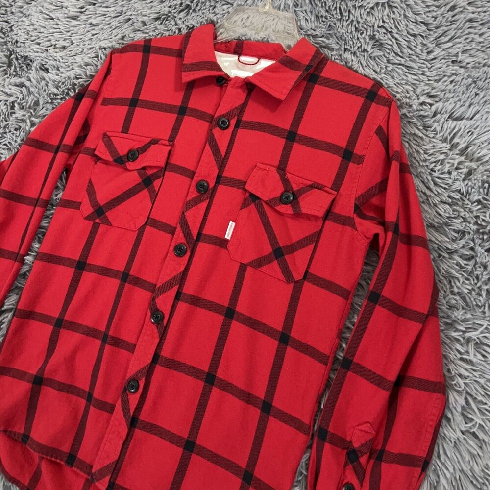 Topo Designs Shirt Small Black Red Button Up Flannel Loop Collar Pockets Mens